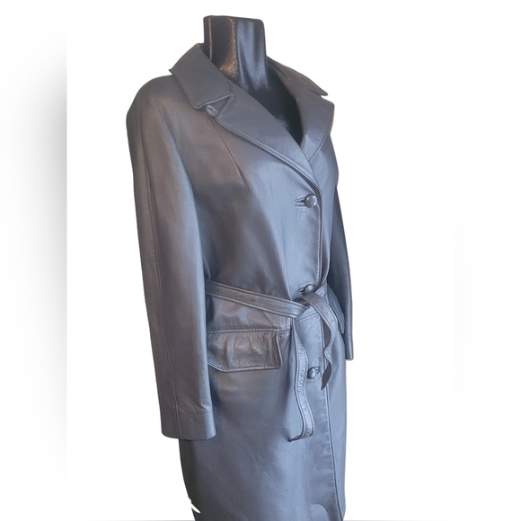 Vintage Grey Leather Mid-length Belted Trench Coat - Picture 3 of 10